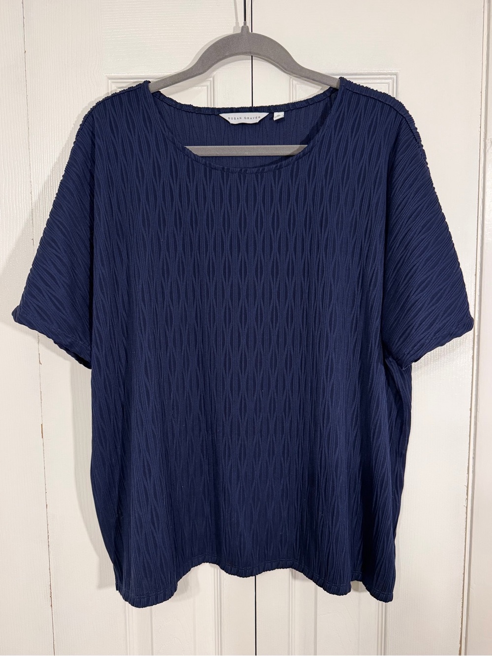 Susan Graver Textured Short Sleeve Blouse XL Navy